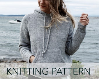 Knitting Pattern // Knit Hooded Sweatshirt Front Kangaroo Pocket Drawstring // Clubhouse Raglan Hoodie Pattern PDF