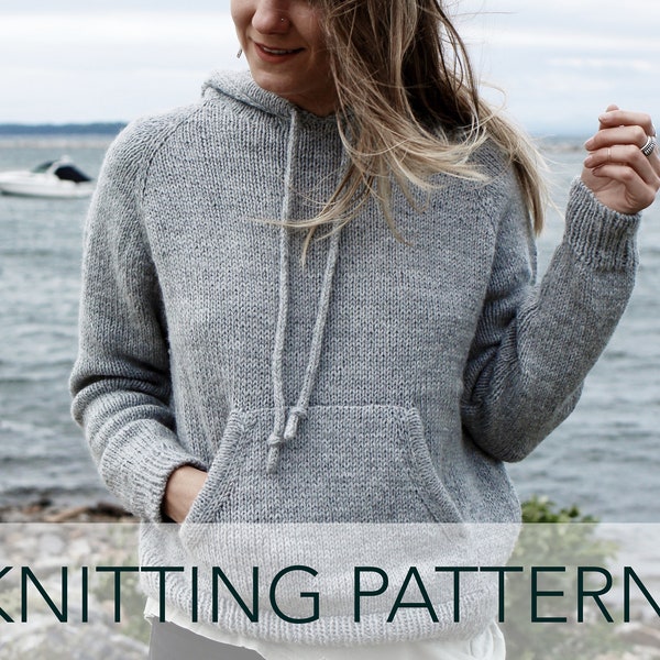 Knitting Pattern // Knit Hooded Sweatshirt Front Kangaroo Pocket Drawstring // Clubhouse Raglan Hoodie Pattern PDF