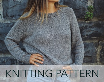 Knitting Pattern // Raglan Grey Crewneck Sweatshirt Vintage Sweater Jumper // Autumn League Pullover Pattern PDF