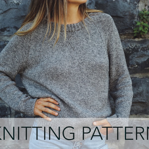 Knitting Pattern // Raglan Grey Crewneck Sweatshirt Vintage Sweater Jumper // Autumn League Pullover Pattern PDF