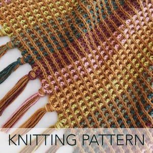 May include: Knitting pattern for a colorful striped scarf with tassels. The scarf is made with a variety of brown, green, pink, and purple yarns.