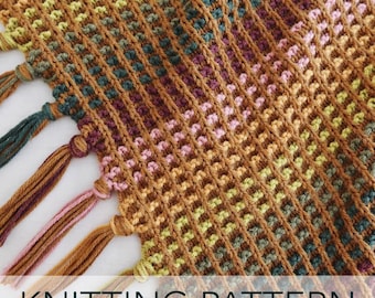 May include: Knitting pattern for a colorful striped scarf with tassels. The scarf is made with a variety of brown, green, pink, and purple yarns.
