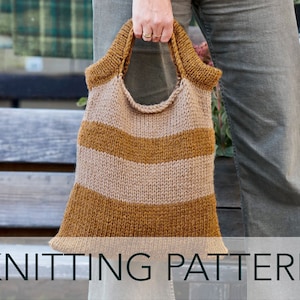 May include: Knitting pattern for a striped tote bag in brown and beige yarn. The bag has a wide, flat bottom and two handles.