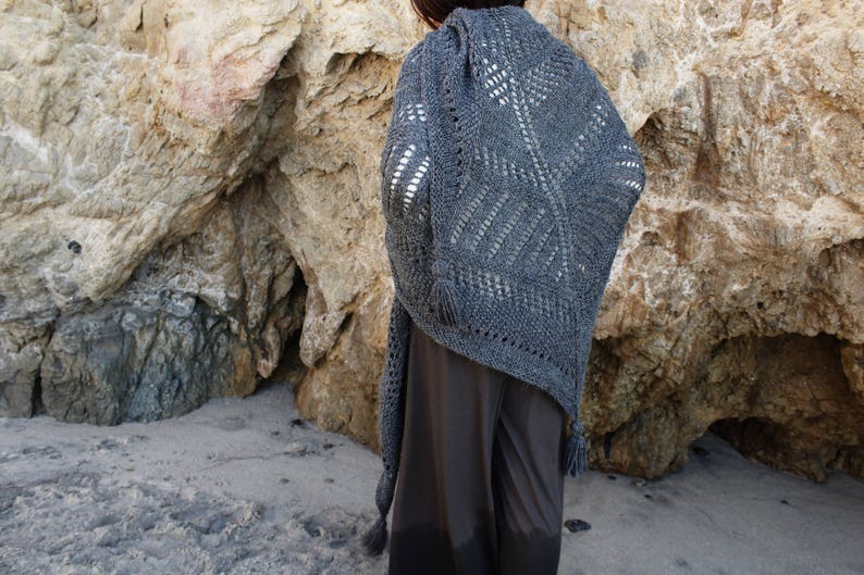 Knitting Pattern // Lace Eyelet Triangle Wrap Shawl Scarf Tassels // Cambria Wrap Pattern PDF image 3