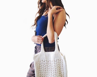 Knitting Pattern // Lace Knit Beach Tote Bag Large Boho Purse // Arrowhead Tote Pattern PDF