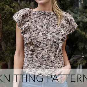 May include: Knitting pattern for a brown and white speckled knit top with ruffled sleeves. The top is sleeveless and has a round neckline. The model is wearing the top with blue jeans.
