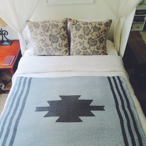 Puede incluir: Una manta de color azul claro con un patr&oacute;n geom&eacute;trico gris oscuro y rayas negras en los bordes. La manta est&aacute; sobre una cama blanca con dos almohadas estampadas.