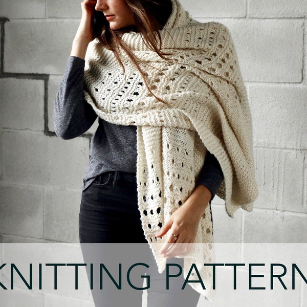 Knitting Pattern // Eyelet Lace Elegant Sophisticated Wrap Shawl Scarf Knit Garter Stitch // Flurries in the Wind Wrap Pattern PDF