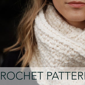 May include: A white crocheted cowl neck scarf. CROCHET PATTERN is written in black text on a grey background.