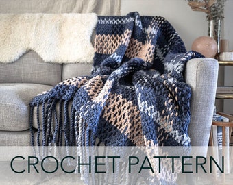 Crochet Pattern // Plaid Tartan Woven Knitted Twisted Rope Fringe Blanket Throw Afghan // Wildwood Plaid Blanket Pattern PDF