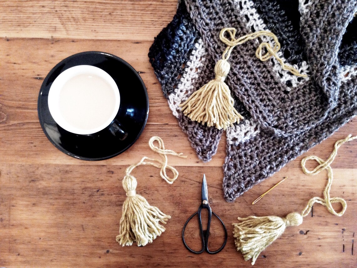 Crochet Pattern // Striped Tassels Triangle Top Down Shawl Scarf Eyelet ...