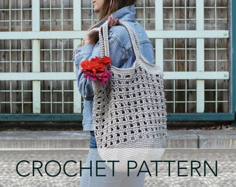 May include: A light gray crochet tote bag with a rectangular openwork design, carried over the shoulder. The bag contains red and pink flowers. The words "CROCHET PATTERN" are at the bottom of the image.