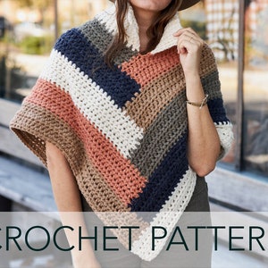 Crochet Pattern // Log Cabin Striped Triangle Poncho Popped Ribbed Collar // Kaleidoscope Poncho Pattern PDF image 1