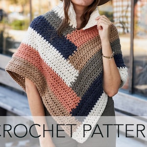 Crochet Pattern // Log Cabin Striped Triangle Poncho Popped Ribbed Collar // Kaleidoscope Poncho Pattern PDF