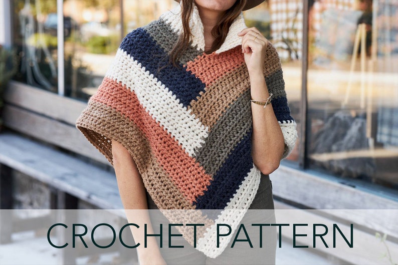 Crochet Pattern // Log Cabin Striped Triangle Poncho Popped Ribbed Collar // Kaleidoscope Poncho Pattern PDF image 1