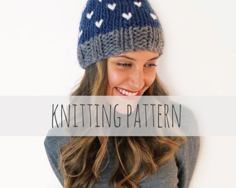 Knitting Pattern // Chunky Soft Knit Hat Heart Beanie Pompom Ski Cap // Loveland Hat Pattern Hat