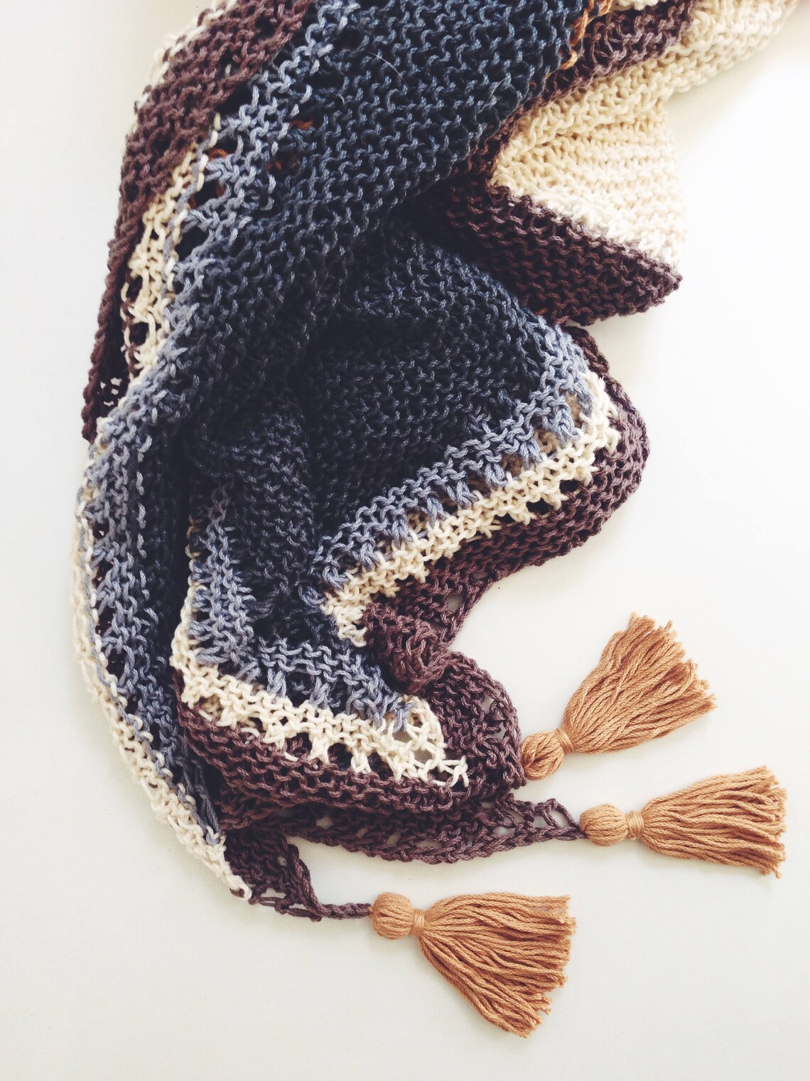 Knitting Pattern // Striped Tassels Triangle Top Down Shawl Scarf ...