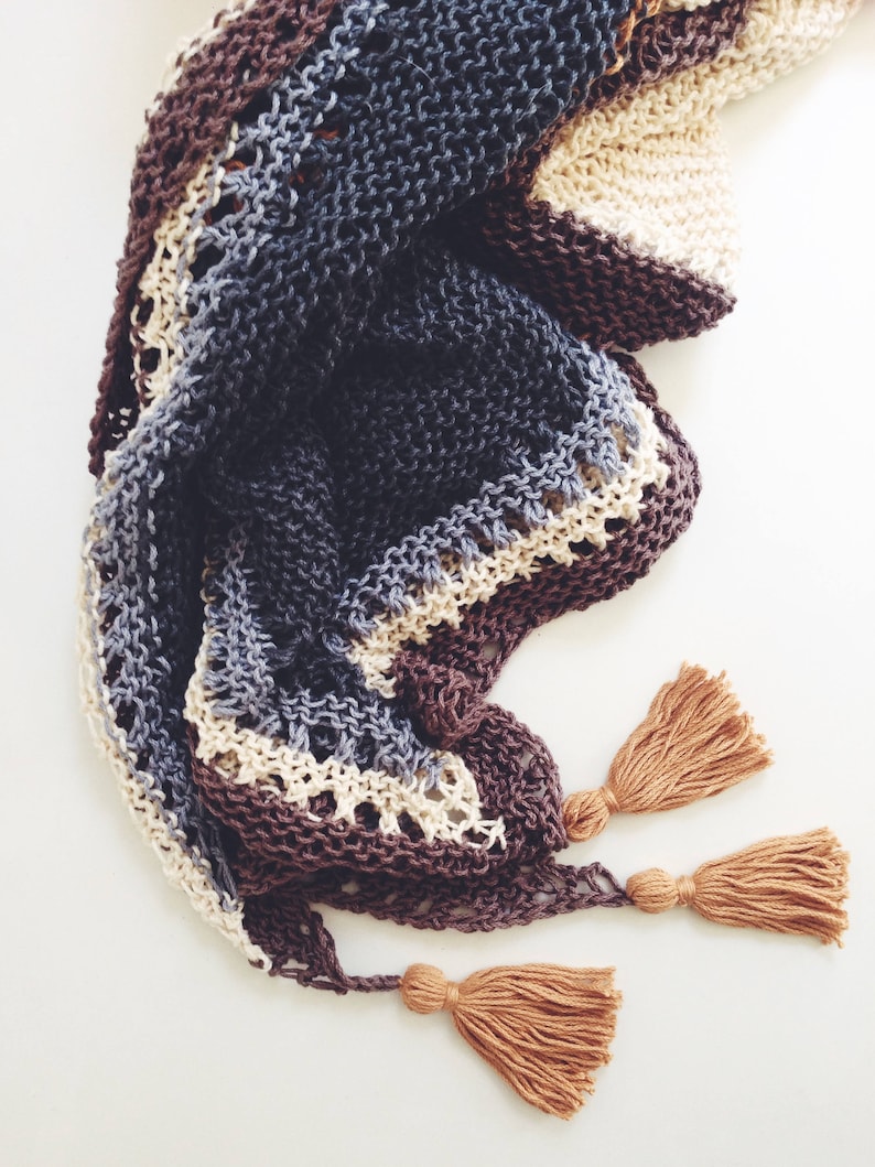 Knitting Pattern // Striped Tassels Triangle Top Down Shawl Etsy