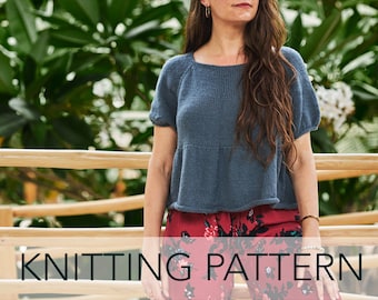 Padrão de tricô // Babado Peplum Manga Puff Cropped Boxy Wide Raglan Top Down Tee // Hibiscus Ruffle Tee Padrão PDF