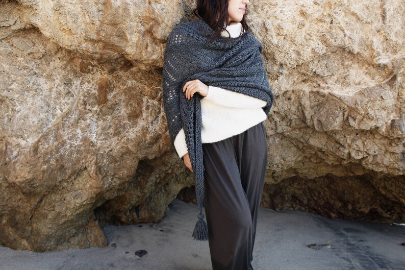 Knitting Pattern // Lace Eyelet Triangle Wrap Shawl Scarf Tassels // Cambria Wrap Pattern PDF image 2