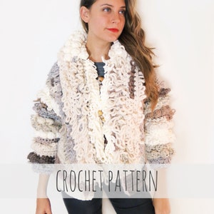 May include: A crochet cardigan with a textured, fluffy design in shades of white, beige, and gray. The cardigan has a button closure and a relaxed fit. The text "CROCHET PATTERN" is printed below the image.