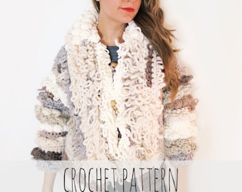 Crochet Pattern // Bohemian Loop Stitch Fringe Bobble Faux Fur Jacket // Sherpa Coat Pattern PDF