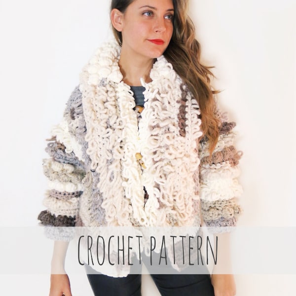 Crochet Pattern // Bohemian Loop Stitch Fringe Bobble Faux Fur Jacket // Sherpa Coat Pattern PDF