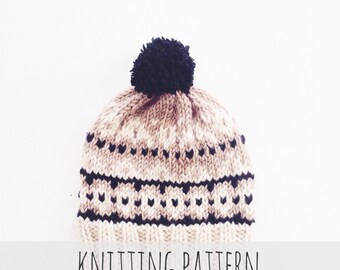 Knitting Pattern // Pompom Winter Ski Fair Isle Patterned Alpine Beanie Cap Hat // Aspen Toboggan Pattern PDF