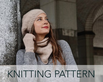 Knitting Pattern // French Beret Kerchief Bandana Fingerless Gloves Wristlets Mittens // Anouk Accessories Set Pattern PDF