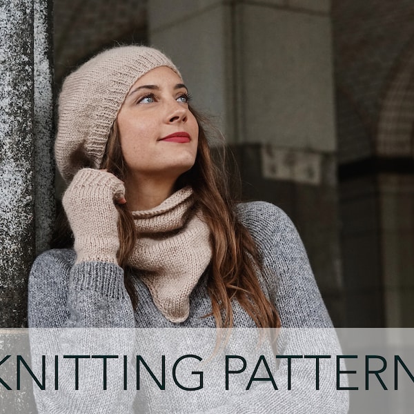 Knitting Pattern // French Beret Kerchief Bandana Fingerless Gloves Wristlets Mittens // Anouk Accessories Set Pattern PDF