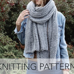 May include: A chunky, gray knitted scarf draped over a denim jacket. The scarf has a textured, open weave design. The words "KNITTING PATTERN" are displayed in white text at the bottom of the image.