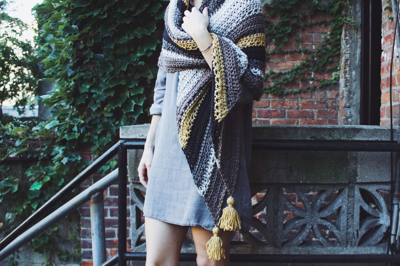 Crochet Pattern // Striped Tassels Triangle Top Down Shawl Scarf Eyelet ...