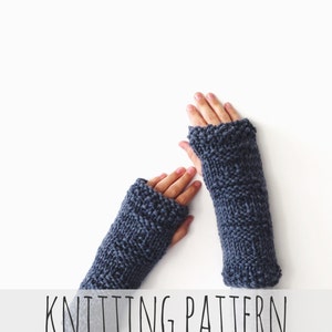 May include: A pair of blue knitted fingerless gloves with a textured stitch pattern. The gloves are laid flat on a white surface.  KNITTING PATTERN.