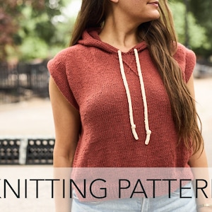 May include: A knitted sleeveless hoodie with a drawstring hood in a rust color. The knitting pattern is for sale.