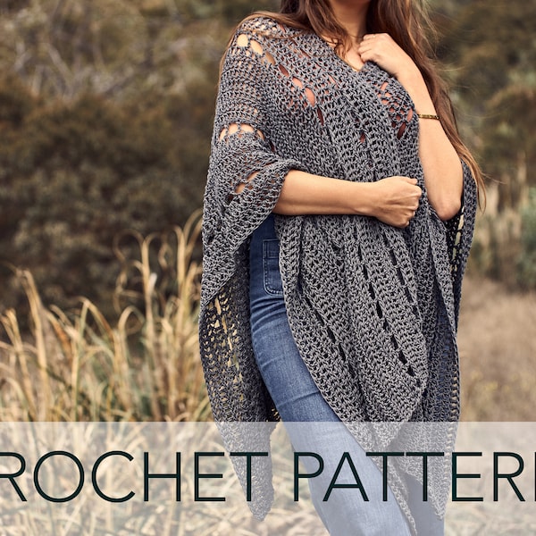 Crochet Pattern // Summer Lightweight Eyelet Shawl Poncho Cape Open Front Rope Belt // Explorers Club Poncho Pattern PDF