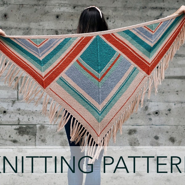 Knitting Pattern // Mitered Square Art Deco Fringe Striped Triangle Shawl Scarf Wrap // Lois Piano Shawl Pattern PDF