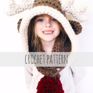 Crochet Pattern // Reindeer Hat Rudolph Hood Cowl Scarf Crochet Toddler Child Adult // Rudy the Reindeer Hood Pattern PDF
