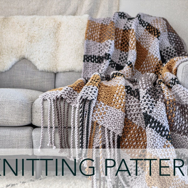 Knitting Pattern // Plaid Tartan Woven Knitted Twisted Rope Fringe Blanket Throw Afghan // Moonstone Plaid Blanket Pattern PDF