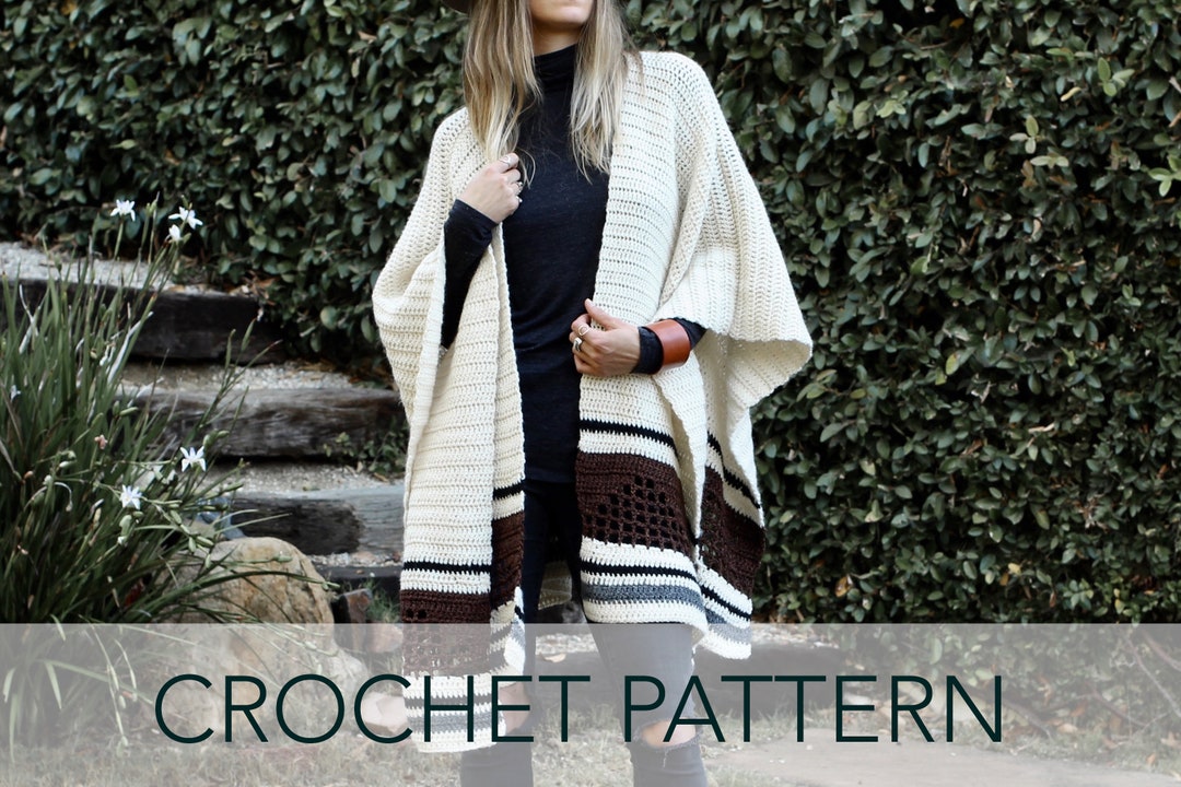 Eyelet Ruana Crochet Pattern // Striped Eyelet Shawl Open Front Ruana Southwestern ...