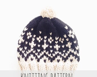 Knitting Pattern // Pompom Winter Ski Fair Isle Patterned Alpine Beanie Cap Hat // Stowe Toboggan Pattern PDF