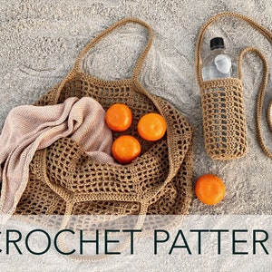 Crochet Pattern // Net Mesh Market Water Bottle Tote Bag Oversized Mini Beach Picnic  // Portofino Bag Set Pattern PDF