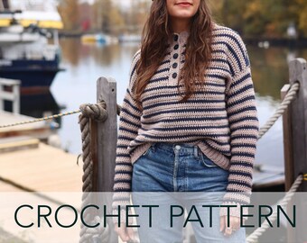 Crochet Pattern // Striped Henley Nautical Relaxed Fit Button Placket Pullover Jumper // Marinière Striped Henley Pattern PDF