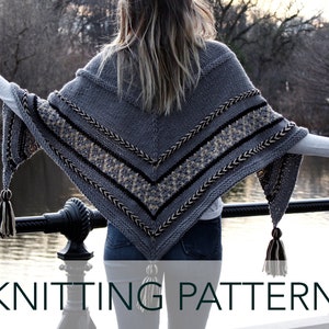 Knitting Pattern // Triangle Wrap Tassels Top Down Shawl Scarf Mosaic Latvian Braid // Hearthstone Wrap Pattern PDF image 1