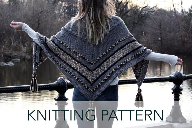 Knitting Pattern // Triangle Wrap Tassels Top Down Shawl Scarf Mosaic Latvian Braid // Hearthstone Wrap Pattern PDF image 1