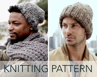 May include: Two people wearing knitted hats and scarves. The hats are gray and brown, and the scarves are gray. The image also includes the text "KNITTING PATTERN" at the bottom.