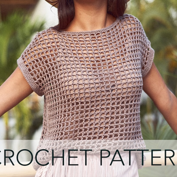 Crochet Pattern // Net Mesh Lace Crochet Tee Open Weave Squares Filet Boxy T-Shirt // Topaz Tee Pattern PDF