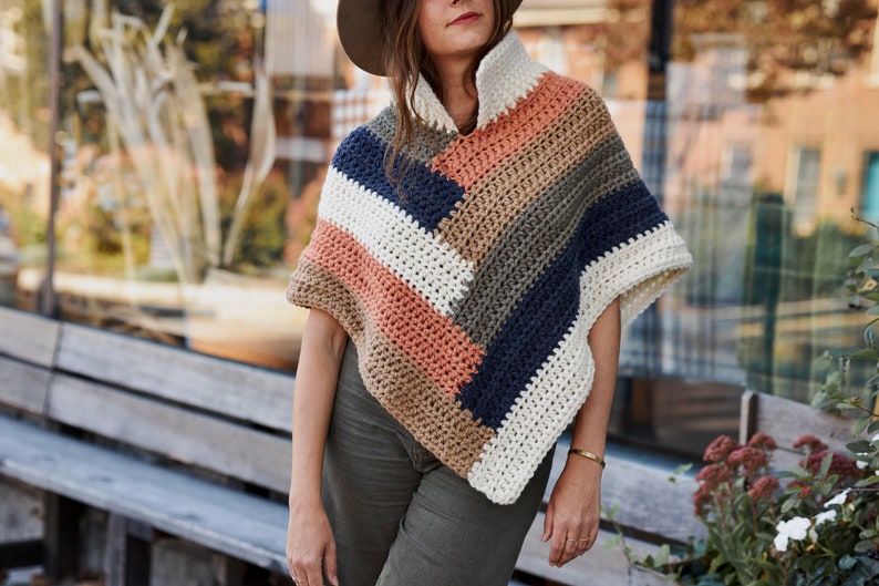 Crochet Pattern // Log Cabin Striped Triangle Poncho Popped Ribbed Collar // Kaleidoscope Poncho Pattern PDF image 5