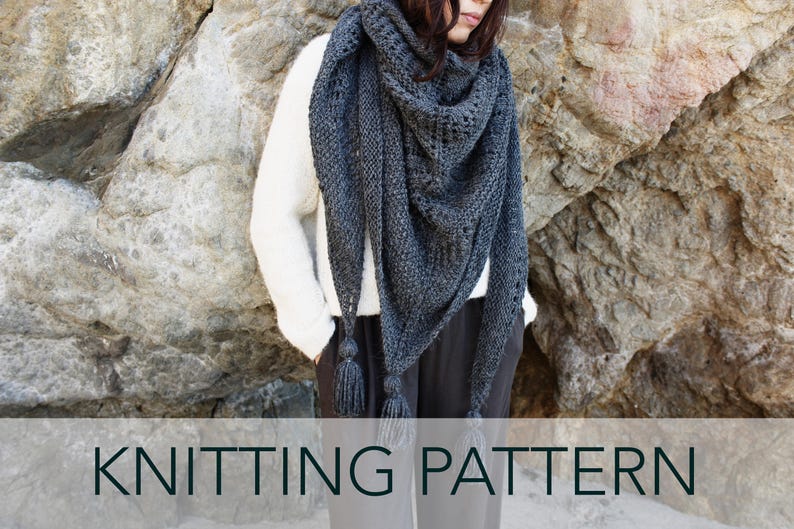 Knitting Pattern // Lace Eyelet Triangle Wrap Shawl Scarf Tassels // Cambria Wrap Pattern PDF image 1