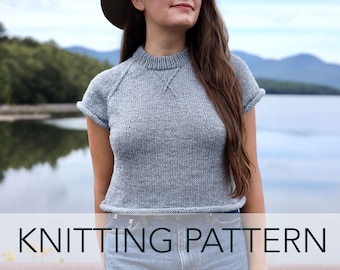 Knitting Pattern // Cropped Raglan Rolled Hem Sweatshirt Tee  // Summer League Cutoff Pattern PDF