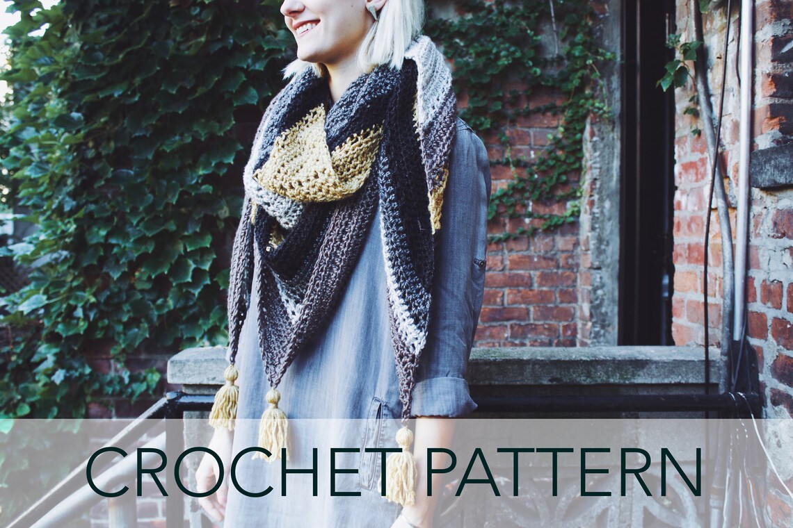 Crochet Pattern // Striped Tassels Triangle Top Down Shawl Scarf Eyelet ...